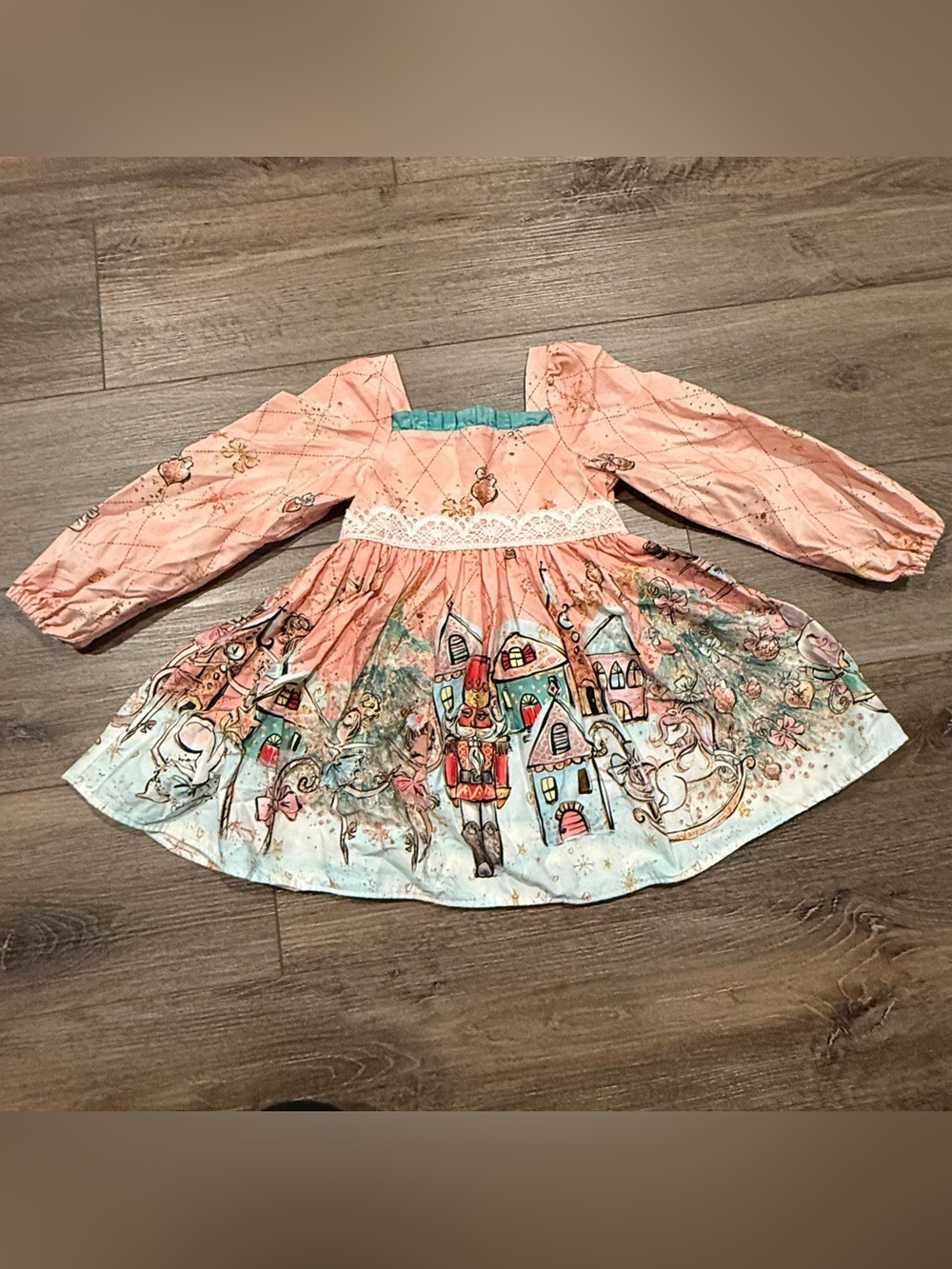 Boutique Girls Pink Whimsical Nutcracker Village Print Lace-Waist Party Dress
